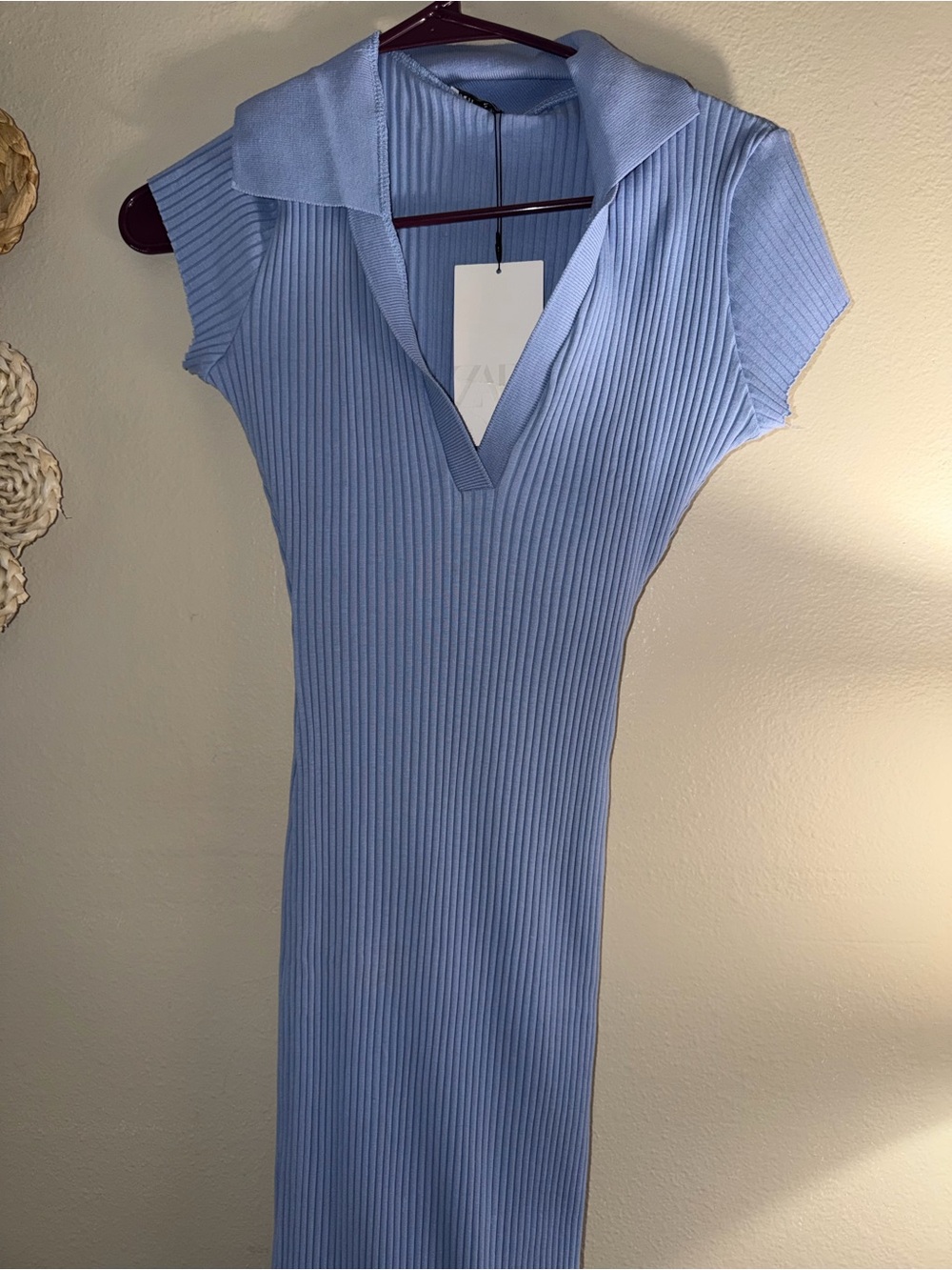 Zara Powder Blue Ribbed Polo Midi Dress